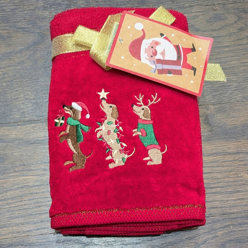 New 2 Dachshund Doxie Dogs Embroidered Christmas Hand Towel Set